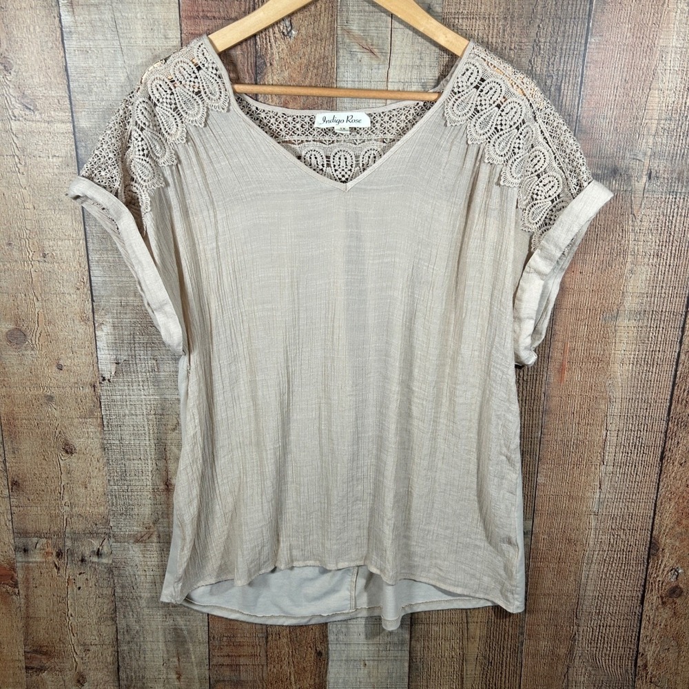 Indigo Rose 1X Beige Crinkle Gauze Blouse Lace Crochet Boho Cottagecore Top Plus